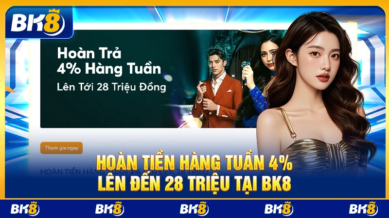 Hoàn tiền hàng tuần 4% lên đến 28 triệu tại BK8