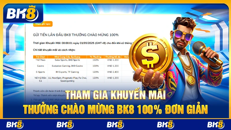 Tham gia khuyến mãi thưởng chào mừng BK8 100% đơn giản